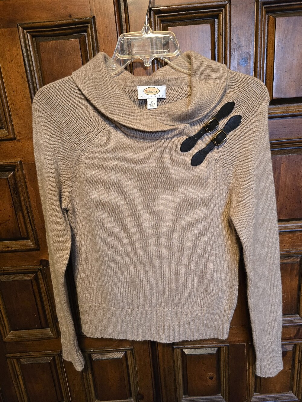 Talbots Petites PS Beige Solid Knit Cowl Neck Long Sleeve Buckle Pullover